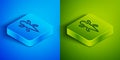 Isometric line Lizard icon isolated on blue and green background. Square button. Vector