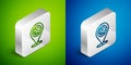 Isometric line Location peace icon isolated on green and blue background. Hippie symbol of peace. Silver square button