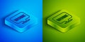 Isometric line Location with text work icon isolated on blue and green background. Square button. Vector Illustration