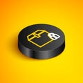 Isometric line Locked package icon isolated on yellow background. Lock and cardboard box. Black circle button. Vector Royalty Free Stock Photo