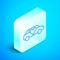 Isometric line Luxury limousine car icon isolated on blue background. For world premiere celebrities and guests poster