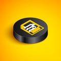 Isometric line M3U file document. Download m3u button icon isolated on yellow background. M3U file symbol. Black circle