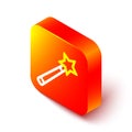 Isometric line Magic wand icon isolated on white background. Star shape magic accessory. Magical power. Orange square