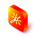 Isometric line Magic wand icon isolated on white background. Star shape magic accessory. Magical power. Orange square