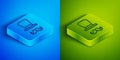 Isometric line Magician icon isolated on blue and green background. Square button. Vector