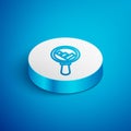 Isometric line Magnifying glass and data analysis icon isolated on blue background. White circle button. Vector Royalty Free Stock Photo