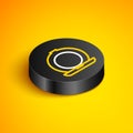 Isometric line Makeup powder with mirror icon isolated on yellow background. Black circle button. Vector