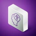 Isometric line Man graves funeral sorrow icon isolated on purple background. The emotion of grief, sadness, sorrow