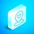 Isometric line Map pointer with heart icon isolated on blue background. Valentines day. Love location. Romantic map pin Royalty Free Stock Photo