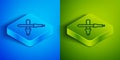 Isometric line Marshalling wands for the aircraft icon isolated on blue and green background. Marshaller communicated