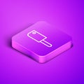 Isometric line Meat chopper icon isolated on purple background. Kitchen knife for meat. Butcher knife. Purple square