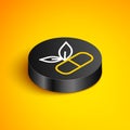 Isometric line Medical pill with plant icon isolated on yellow background. Herbal pill. Black circle button. Vector Royalty Free Stock Photo