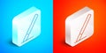 Isometric line Medical surgery scalpel tool icon isolated on blue and red background. Medical instrument. Silver square