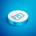 Isometric line Medicine bottle and pills icon isolated on blue background. Bottle pill sign. Pharmacy design. White Royalty Free Stock Photo