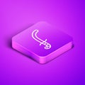 Isometric line Medieval sword icon isolated on purple background. Medieval weapon. Purple square button. Vector