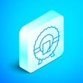 Isometric line Memorial wreath icon isolated on blue background. Funeral ceremony. Silver square button. Vector