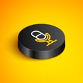 Isometric line Microphone voice device icon isolated on yellow background. Microphone interpreter and alphabet letters