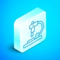 Isometric line Microscope icon isolated on blue background. Chemistry, pharmaceutical instrument, microbiology