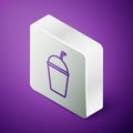 Isometric line Milkshake icon isolated on purple background. Plastic cup with lid and straw. Silver square button Royalty Free Stock Photo