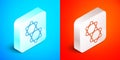 Isometric line Molecule icon isolated on blue and red background. Structure of molecules in chemistry, science teachers Royalty Free Stock Photo