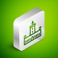 Isometric line Montjuic castle icon isolated on green background. Barcelona, Spain. Silver square button. Vector