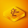 Isometric line MP9 submachine gun icon isolated on orange background. Automatic weapon. Yellow square button. Vector