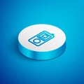 Isometric line Music player icon isolated on blue background. Portable music device. White circle button. Vector