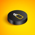 Isometric line Mustard bottle icon isolated on yellow background. Black circle button. Vector