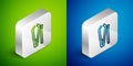 Isometric line Nail cutter icon isolated on green and blue background. Nail clipper. Silver square button. Vector