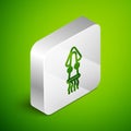 Isometric line Octopus icon isolated on green background. Silver square button. Vector.