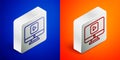 Isometric line Online play video icon isolated on blue and orange background. Computer monitor and film strip with play