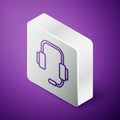Isometric line Online psychological counseling distance icon isolated on purple background. Psychotherapy, psychological