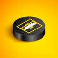 Isometric line Opened antique treasure chest icon isolated on yellow background. Vintage wooden chest with golden coin