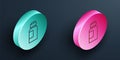 Isometric line Paint, gouache, jar, dye icon isolated on black background. Turquoise and pink circle button. Vector