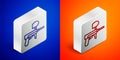 Isometric line Paintball gun icon isolated on blue and orange background. Silver square button. Vector Illustration