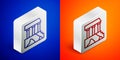 Isometric line Parthenon from Athens, Acropolis, Greece icon isolated on blue and orange background. Greek ancient