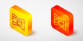 Isometric line Pencil sharpener icon isolated on grey background. Yellow and orange square button. Vector Royalty Free Stock Photo