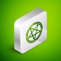 Isometric line Pentagram in a circle icon isolated on green background. Magic occult star symbol. Silver square button. Vector Royalty Free Stock Photo