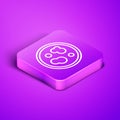 Isometric line Petri dish with bacteria icon isolated on purple background. Purple square button. Vector Illustration