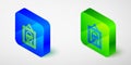 Isometric line Picture icon isolated on grey background. Blue and green square button. Vector