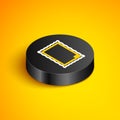 Isometric line Picture icon isolated on yellow background. Black circle button. Vector