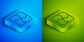 Isometric line Piece of puzzle icon isolated on blue and green background. Business, marketing, finance, template Royalty Free Stock Photo