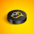 Isometric line Pirate hat icon isolated on yellow background. Black circle button. Vector Royalty Free Stock Photo