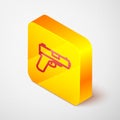 Isometric line Pistol or gun icon isolated on grey background. Police or military handgun. Small firearm. Yellow square Royalty Free Stock Photo