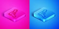 Isometric line Pistol or gun icon isolated on pink and blue background. Police or military handgun. Small firearm