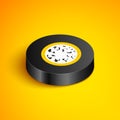 Isometric line Pizza icon isolated on yellow background. Black circle button. Vector