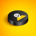 Isometric line Placeholder on map paper in perspective icon isolated on yellow background. Black circle button. Vector Royalty Free Stock Photo