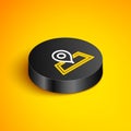 Isometric line Placeholder on map paper in perspective icon isolated on yellow background. Black circle button. Vector Royalty Free Stock Photo