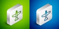 Isometric line Plane icon isolated on green and blue background. Flying airplane icon. Airliner sign. Silver square Royalty Free Stock Photo