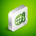 Isometric line Planet earth melting to global warming icon isolated on green background. Ecological problems and Royalty Free Stock Photo